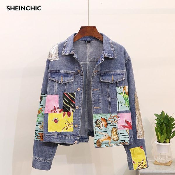korean fashion 2020 autumn women jacket denim streetwear long sleeve pattern print denim jacket outerwear casual female, Black;brown 
korean fashion 2020 autumn women jacket denim streetwear long sleeve pattern print denim jacket outerwear casual female, Black;brown