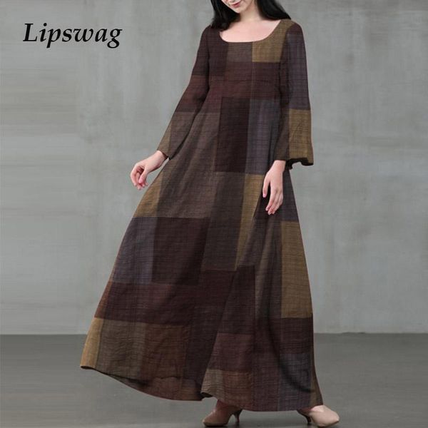 women vintage plaid print cotton linen dress casual o-neck flare long sleeve maxi dress ladies spring autumn loose vestido, Black;gray
women vintage plaid print cotton linen dress casual o-neck flare long sleeve maxi dress ladies spring autumn loose vestido, Black;gray