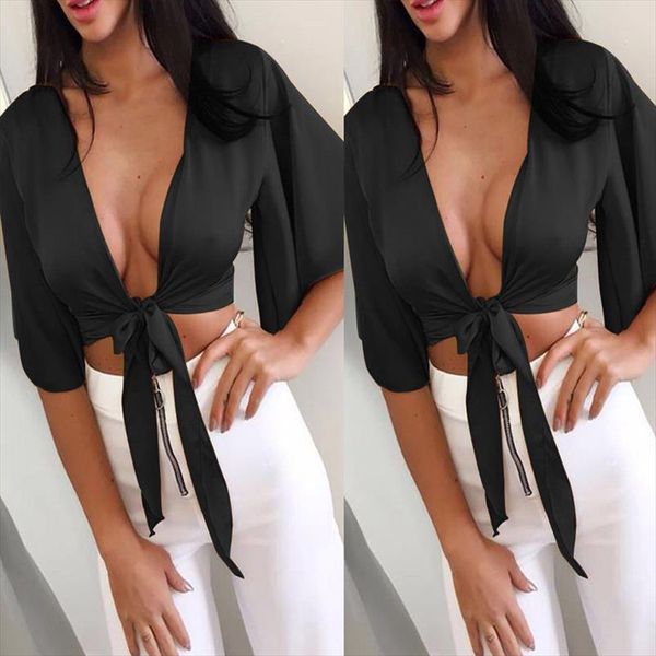new womens satin silk tie knot crop ladies front flared sleeve plunge neck shirts drop shipping, White
new womens satin silk tie knot crop ladies front flared sleeve plunge neck shirts drop shipping, White