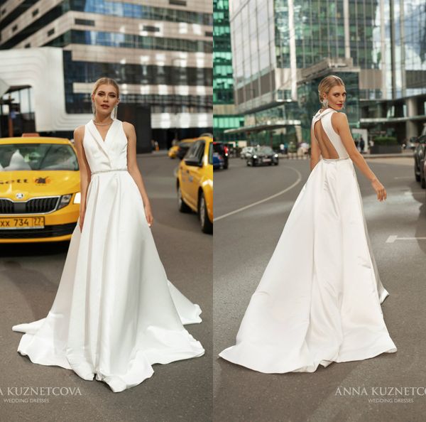 anna kuznetcova 2021 satin wedding dresses with beaded sash v neck reception gowns sweep train bridal gowns, White
anna kuznetcova 2021 satin wedding dresses with beaded sash v neck reception gowns sweep train bridal gowns, White