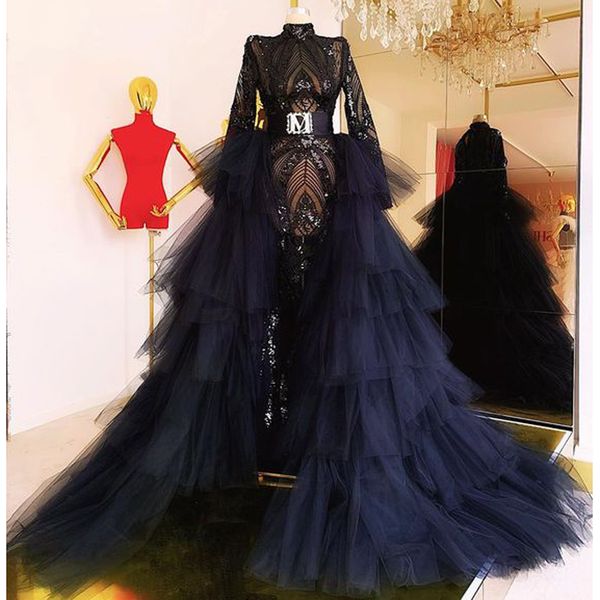 overskirts evening dresses with detachable train high neck sequined appliques long sleeves illusion prom dress see through robe de soiree, Black;red
overskirts evening dresses with detachable train high neck sequined appliques long sleeves illusion prom dress see through robe de soiree, Black;red