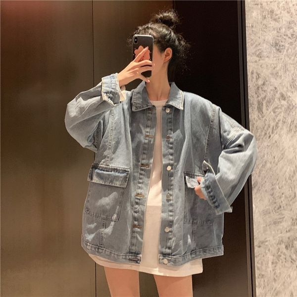 women's spring autumn loose retro solid color single breasted long sleeve coat, Gray
women's spring autumn loose retro solid color single breasted long sleeve coat, Gray