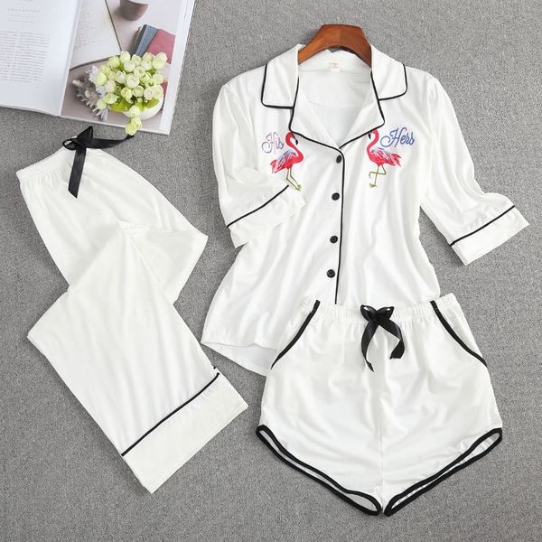 july's song womensoft sleepwear pajamas set 3 pieces flamingo pattern 3/4 sleeves long pants women shorts spring casual pyjam y200425, Black;red
july's song womensoft sleepwear pajamas set 3 pieces flamingo pattern 3/4 sleeves long pants women shorts spring casual pyjam y200425, Black;red