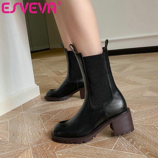 esveva 2021 elegant leather+pu zipper ankle boots women boots winter women shoes slip on high heel black size 34-43
