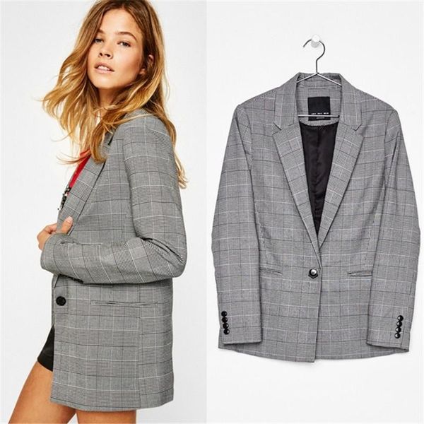 women's suits & blazers fashion vintage plaid blazer office ladies one button long sleeve jacket casual loose coats female 2021, White;black
women's suits & blazers fashion vintage plaid blazer office ladies one button long sleeve jacket casual loose coats female 2021, White;black