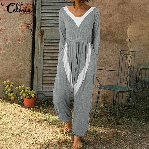 fashion rompers women's long sleeve knitted jumpsuits celmia autumn v-neck female casual loose patchwork plus size overalls, Black;white 
fashion rompers women's long sleeve knitted jumpsuits celmia autumn v-neck female casual loose patchwork plus size overalls, Black;white