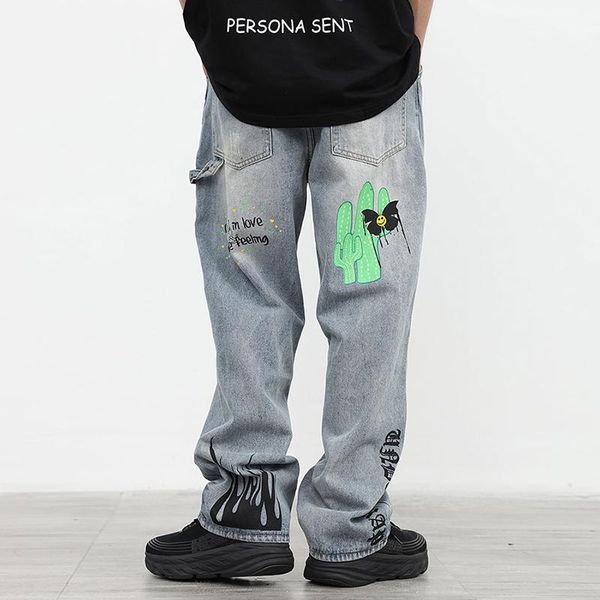 men's jeans high street retro cactus embroidery for men and women graffiti distressed straight loose casual denim trousers, Blue
men's jeans high street retro cactus embroidery for men and women graffiti distressed straight loose casual denim trousers, Blue