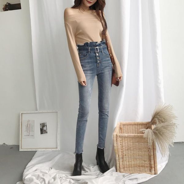 women's jeans 2021 spring women empire vintage design ruffles waist patchwork three buttons office lady pencil pants skinny trousers, Blue
women's jeans 2021 spring women empire vintage design ruffles waist patchwork three buttons office lady pencil pants skinny trousers, Blue