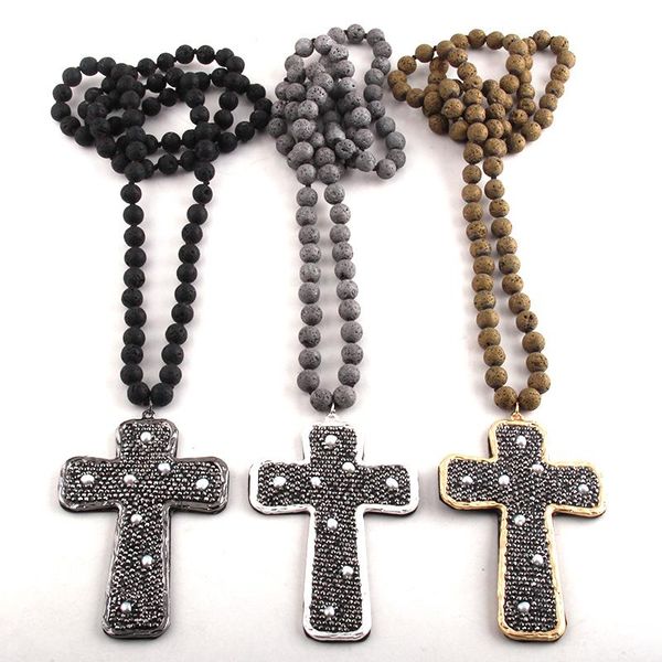 pendant necklaces fashion bohemian tribal jewelry lava stone long knotted paved pearl decoration cross, Silver
pendant necklaces fashion bohemian tribal jewelry lava stone long knotted paved pearl decoration cross, Silver