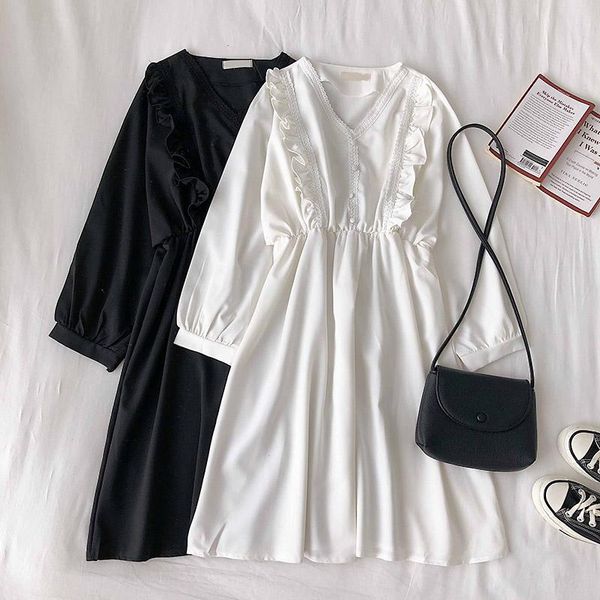 korobov elegant ruffles v neck women dress 2020 new chic korean high waist mid dresses vintage solid vestidos femme, Black;gray
korobov elegant ruffles v neck women dress 2020 new chic korean high waist mid dresses vintage solid vestidos femme, Black;gray