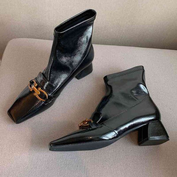 women ankle boots winter warm shoes fashion patent leather booties with metal decor ladies square toe 5cm med heels, Black
women ankle boots winter warm shoes fashion patent leather booties with metal decor ladies square toe 5cm med heels, Black