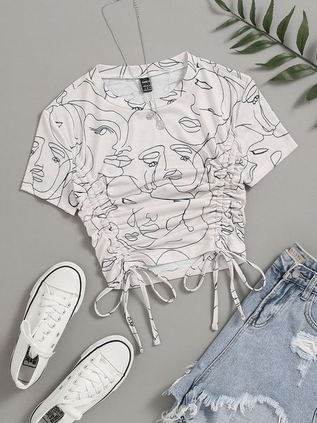 abstract figure graphic drawstring front tee 75p8#, White