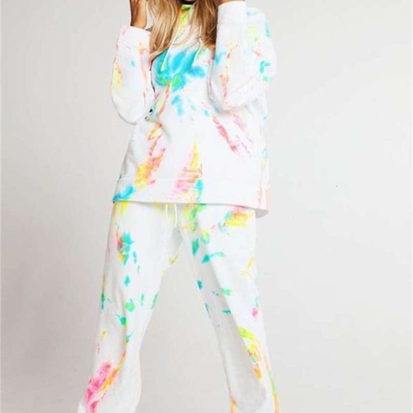 sweater winter 2020 hooded new women's tie dye sportswear two piece set, Gray