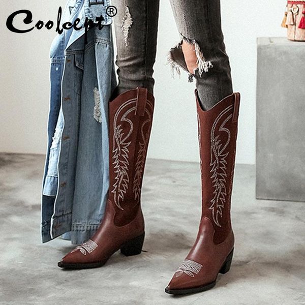 coolcept woman genuine leather classics retro knee high boots pointed toe square heels knight boots fashion botas size 34-39, Black
coolcept woman genuine leather classics retro knee high boots pointed toe square heels knight boots fashion botas size 34-39, Black
