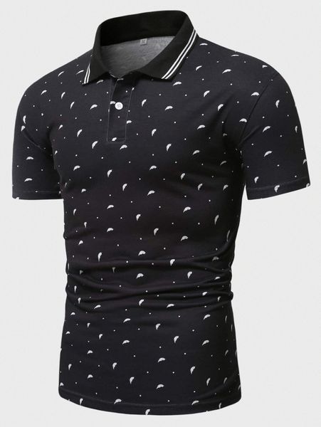 men dot & feather print striped trim polo shirt d3co#, White;black