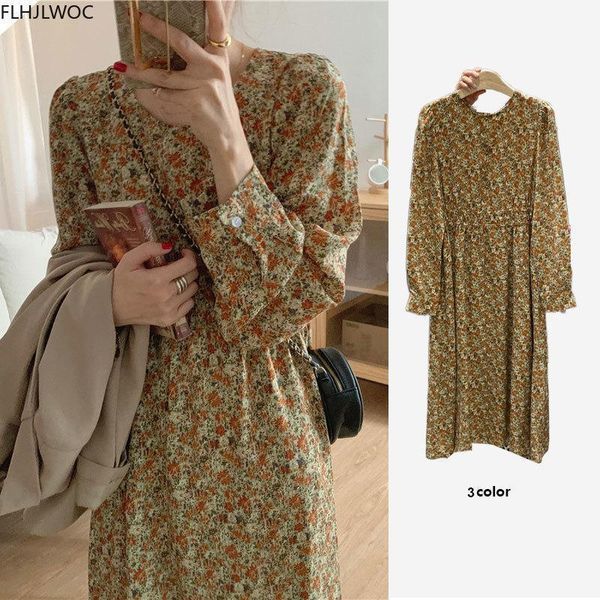 2021 new spring design women korean japan style o neck a line floral printed retro vintage chic long dress n5661, Black;gray 
2021 new spring design women korean japan style o neck a line floral printed retro vintage chic long dress n5661, Black;gray