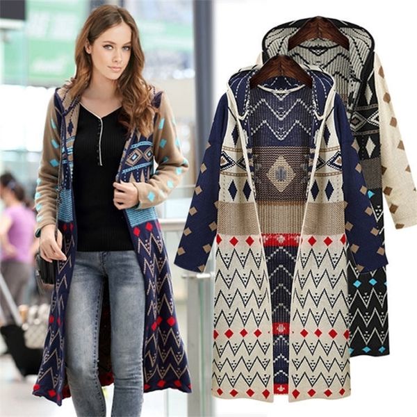 ladies long knitted cardigan loose casual hooded geometric jacket coat boho sweater y200720, White;black
ladies long knitted cardigan loose casual hooded geometric jacket coat boho sweater y200720, White;black