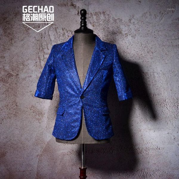 blue shimmer effect in the sleeve suit is the star nightclub bar singer stage costumes. m-6xl1, White;black
blue shimmer effect in the sleeve suit is the star nightclub bar singer stage costumes. m-6xl1, White;black