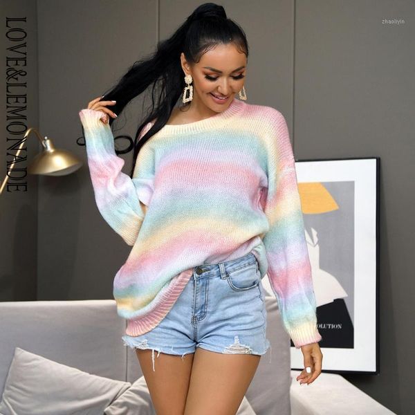 love&lemonade round neck pink and green gradient pattern loose  long sleeve sweater lmsw0181, White;black 
love&lemonade round neck pink and green gradient pattern loose  long sleeve sweater lmsw0181, White;black