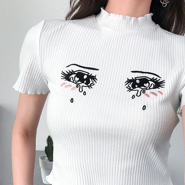 women bodycon fashion cropped tee slim short comic eye tears embroidered casual t shirt short sleeve ribbed t shirt, White
women bodycon fashion cropped tee slim short comic eye tears embroidered casual t shirt short sleeve ribbed t shirt, White