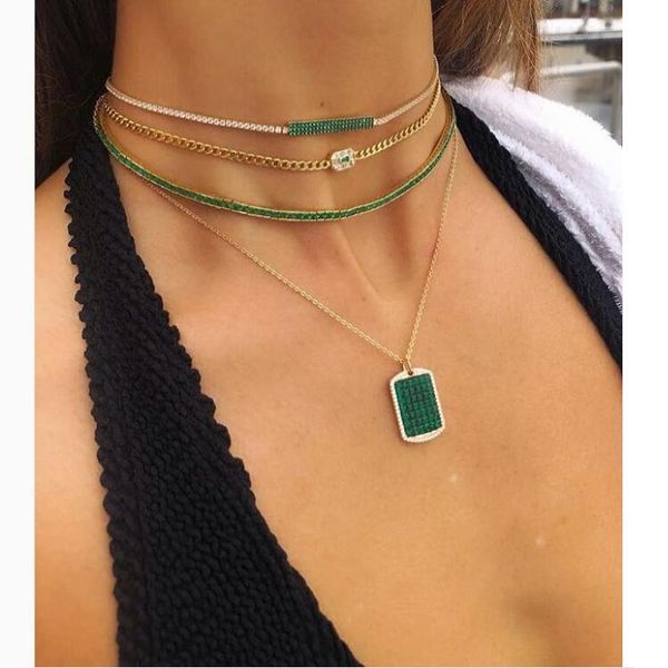 pendant necklaces 2021 summer baguette cubic zirconia tennis cz choker necklace chain for women rainbow green paved layer fashion jewelry, Silver