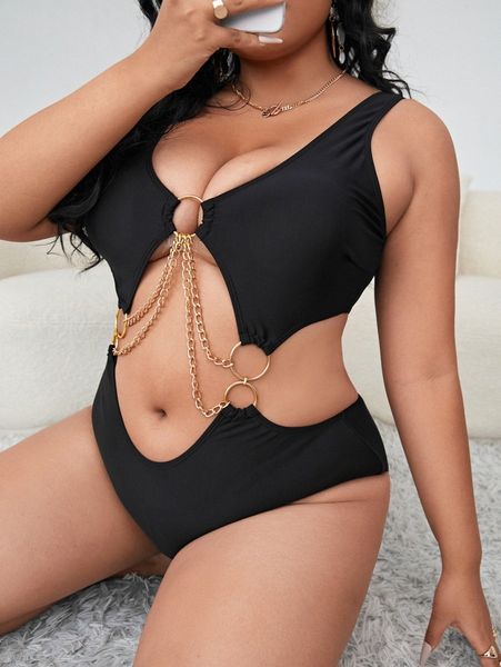 plus cut-out ring linked one piece swimsuit n0lj#, Black
plus cut-out ring linked one piece swimsuit n0lj#, Black