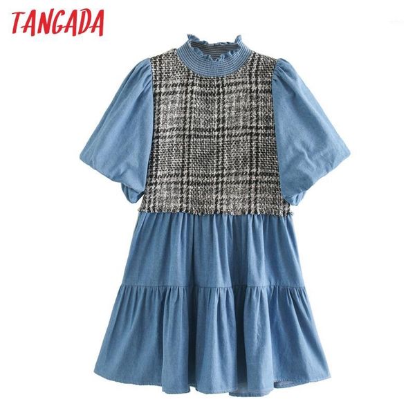 tangada 2020 women plaid patchwork denim dress puff short sleeve females mini dresses vestidos xn5221, White;black
tangada 2020 women plaid patchwork denim dress puff short sleeve females mini dresses vestidos xn5221, White;black