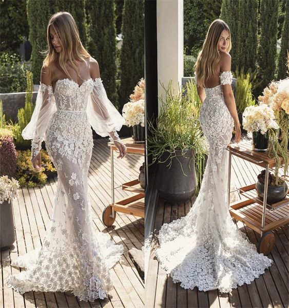 floral mermaid wedding dresses boho applique lace sweetheart long sleeves bridal gown sweep train custom made robe de mariee, White
floral mermaid wedding dresses boho applique lace sweetheart long sleeves bridal gown sweep train custom made robe de mariee, White