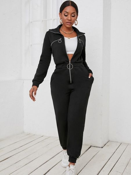 o-ring zip up slant pocket jumpsuit b21h#, White