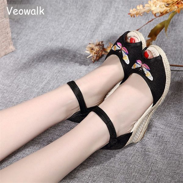 veowalk dragonfly embroidered women peep toe linen wedge sandals espadrilles handmade ladies casual ankle strap summer shoes 1010, Black
veowalk dragonfly embroidered women peep toe linen wedge sandals espadrilles handmade ladies casual ankle strap summer shoes 1010, Black