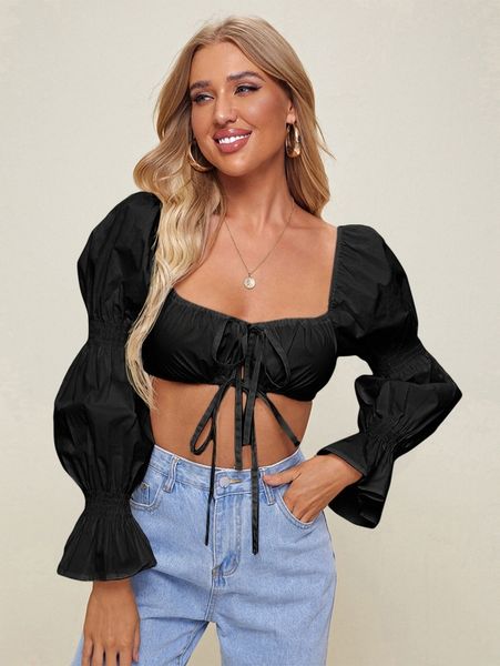 gathered sleeve tie front crop p5ht#, White
gathered sleeve tie front crop p5ht#, White