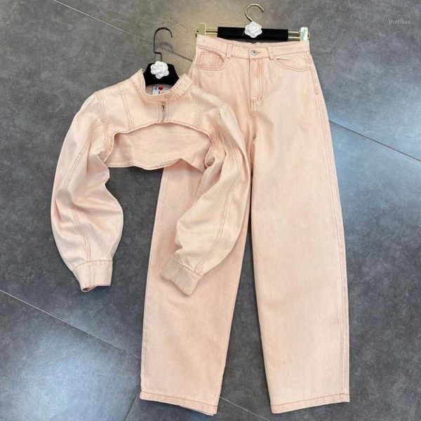 deat 2021 spring new arrivals long sleeve stand collar crop denim pants pink two pieces set women ml3141, Gray 
deat 2021 spring new arrivals long sleeve stand collar crop denim pants pink two pieces set women ml3141, Gray