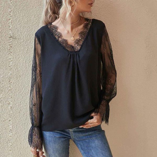40# women's lace v-neck blouses shirts solid color flared sleeves elegant casual shirts temperament blouses roupas, White
40# women's lace v-neck blouses shirts solid color flared sleeves elegant casual shirts temperament blouses roupas, White