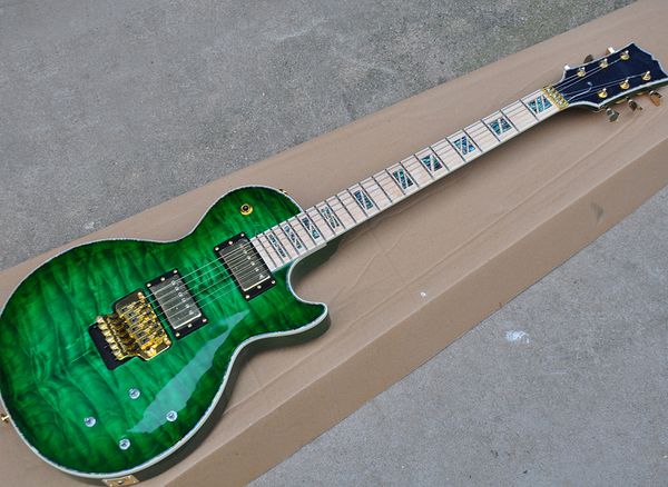 green electric guitar with floyd rose,maple fretboard with abalone inlay,quilted mapel veneer,can be customized as request
green electric guitar with floyd rose,maple fretboard with abalone inlay,quilted mapel veneer,can be customized as request