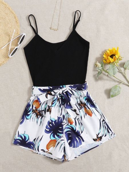 tropical print self belted cami romper 85m9#, White