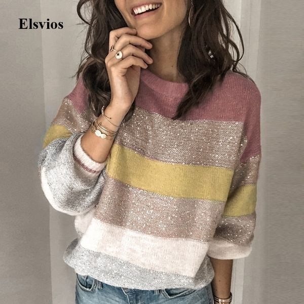 glitter patchwork striped femme sweater autumn women o neck knitted pullover winter long sleeve shiny sweaters pull jumper y200720, White;black
glitter patchwork striped femme sweater autumn women o neck knitted pullover winter long sleeve shiny sweaters pull jumper y200720, White;black
