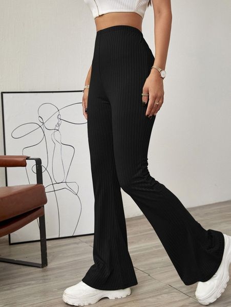 solid ribbed flared leg pants v4ti#, Black;white
