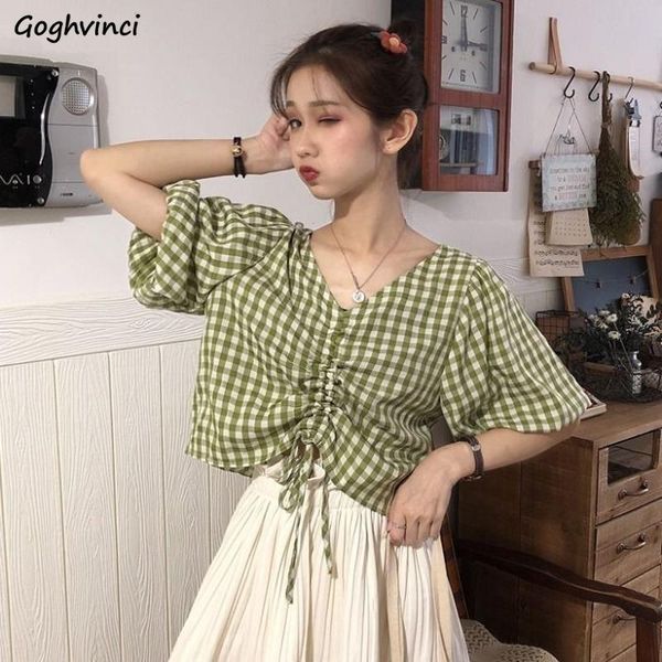 women blouses v neck short sleeve summer pleated lace up plaid sweet all match girls ulzzang shirts leisure elegant chic bbybip lg2010, White;black
women blouses v neck short sleeve summer pleated lace up plaid sweet all match girls ulzzang shirts leisure elegant chic bbybip lg2010, White;black