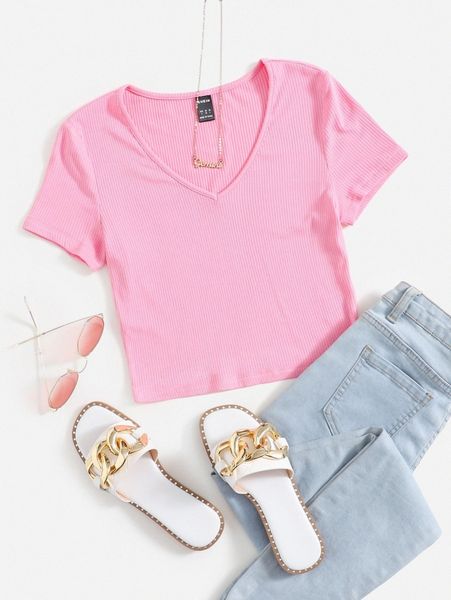 v neck rib-knit tee i38s#, White
v neck rib-knit tee i38s#, White