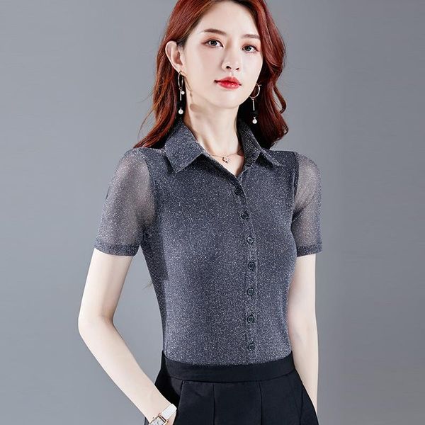 women's blouses & shirts shiny lurex women blouse black slim button casual short sleeve 2021 blusas turn-down collar elastic and, White
women's blouses & shirts shiny lurex women blouse black slim button casual short sleeve 2021 blusas turn-down collar elastic and, White