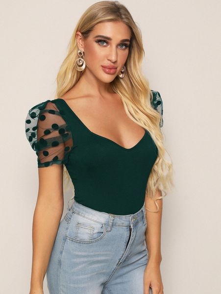 sweetheart neck dobby mesh sleeve l2n2#, White