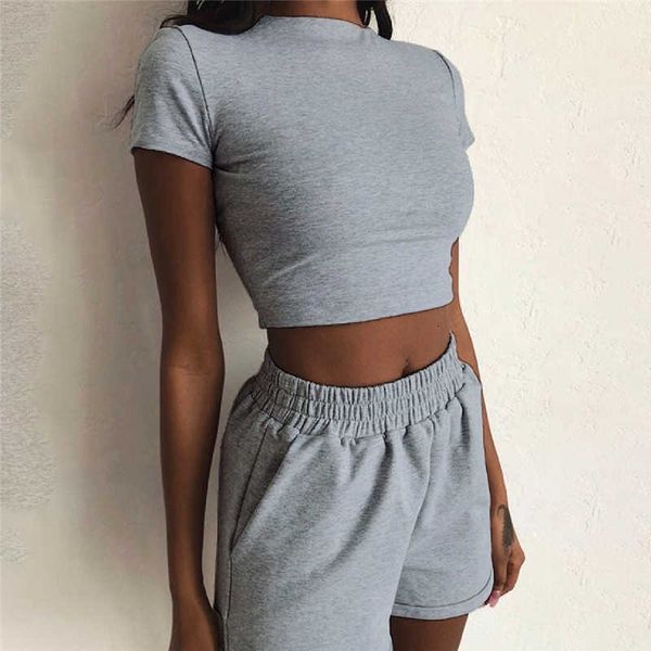 women's fitness 2 piece slim short sleeved crop + tight shorts solid color stretch casual fashion ladies suit, White;black 
women's fitness 2 piece slim short sleeved crop + tight shorts solid color stretch casual fashion ladies suit, White;black
