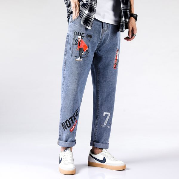 jeans men's new straight loose korean version of the trend of printing casual light colored pants, Blue
jeans men's new straight loose korean version of the trend of printing casual light colored pants, Blue