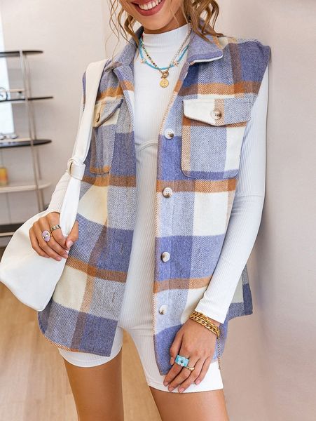 simplee plaid flap pocket vest overcoat r4hr#, Black