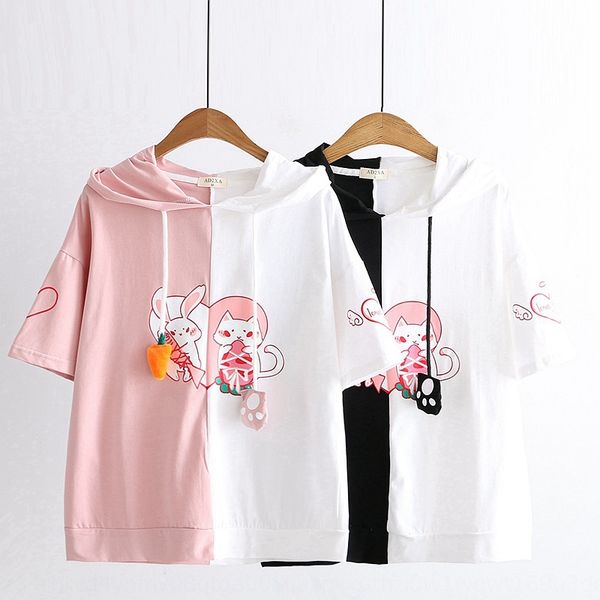 mm10615 summer newstyle cartoon left and right t-shirt peach cat hooded short sleeve t-shirt for female students fashion jjcjb, White 
mm10615 summer newstyle cartoon left and right t-shirt peach cat hooded short sleeve t-shirt for female students fashion jjcjb, White