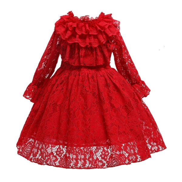 new year girls' 2020 autumn winter christmas lace princs flower children's long sve drs, Red;yellow