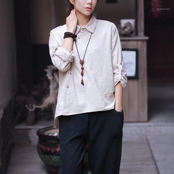 women's blouses & shirts thin spring autumn cotton and linen women loose lapel oblique single breasted long sleeved woman tas871, White
women's blouses & shirts thin spring autumn cotton and linen women loose lapel oblique single breasted long sleeved woman tas871, White