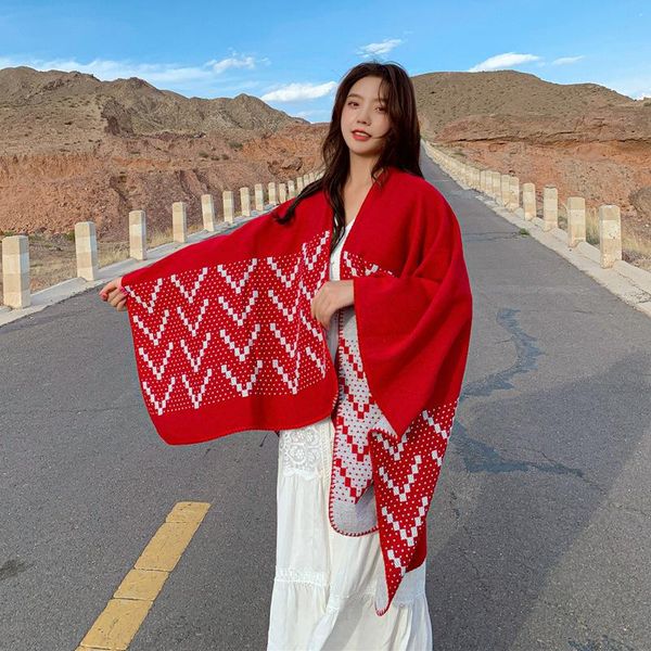 scarves outdoor sunscreen scarf red national style knitwear travel cape shawl female autumn and winter women, Blue;gray
scarves outdoor sunscreen scarf red national style knitwear travel cape shawl female autumn and winter women, Blue;gray