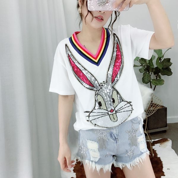 2020 summer t-shirtt-shirt type t-shirtnew high-end fashion brand rainbow v-neck rabbit sequins nail drill long t-shirt female lower body mi, White
2020 summer t-shirtt-shirt type t-shirtnew high-end fashion brand rainbow v-neck rabbit sequins nail drill long t-shirt female lower body mi, White