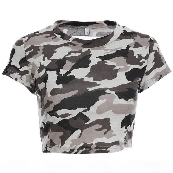summer 2018 women's camouflage print back hollow short-sleeved t-shirt female casual crop t shirt, White